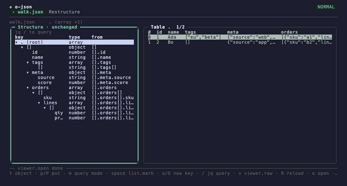 An array of objects as a table in the o-json viewer